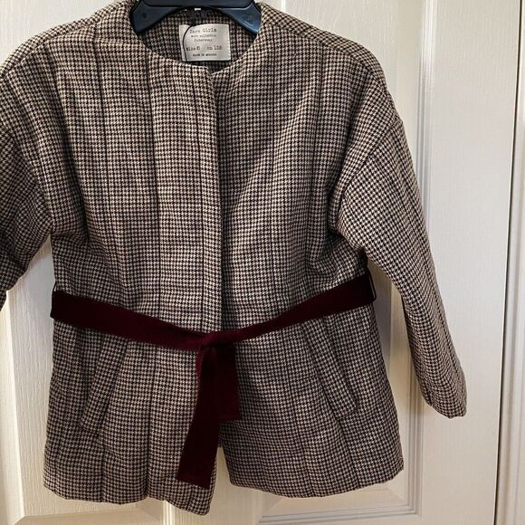 Zara Girls Quilted Houndstooth Belted Coat Jacket Size 8 - Picture 4 of 12